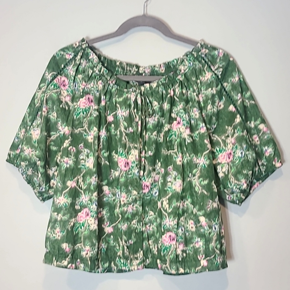 Lane Bryant Green Floral Peasant Blouse with Pink Accents